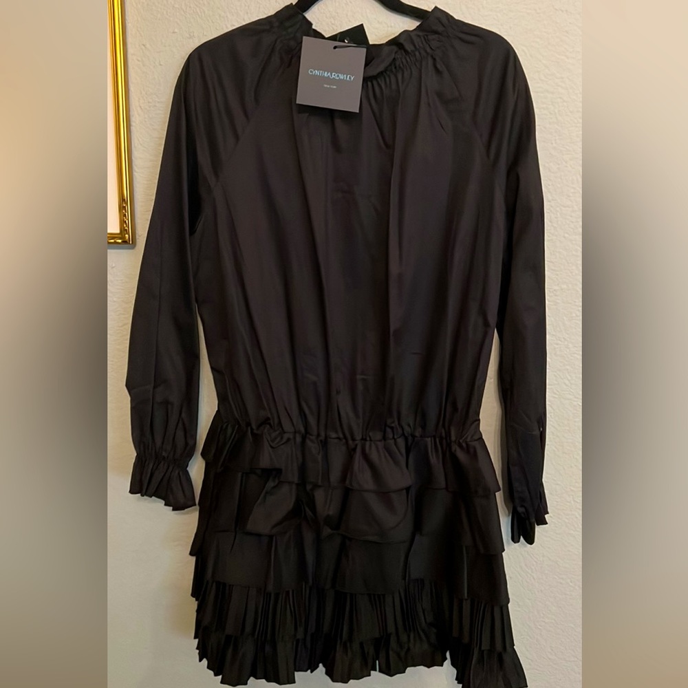 Cynthia Rowley Lenox cotton black pleated ruffle long sleeve mini dress